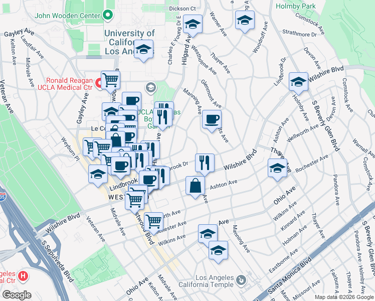 map of restaurants, bars, coffee shops, grocery stores, and more near 1057 Selby Avenue in Los Angeles