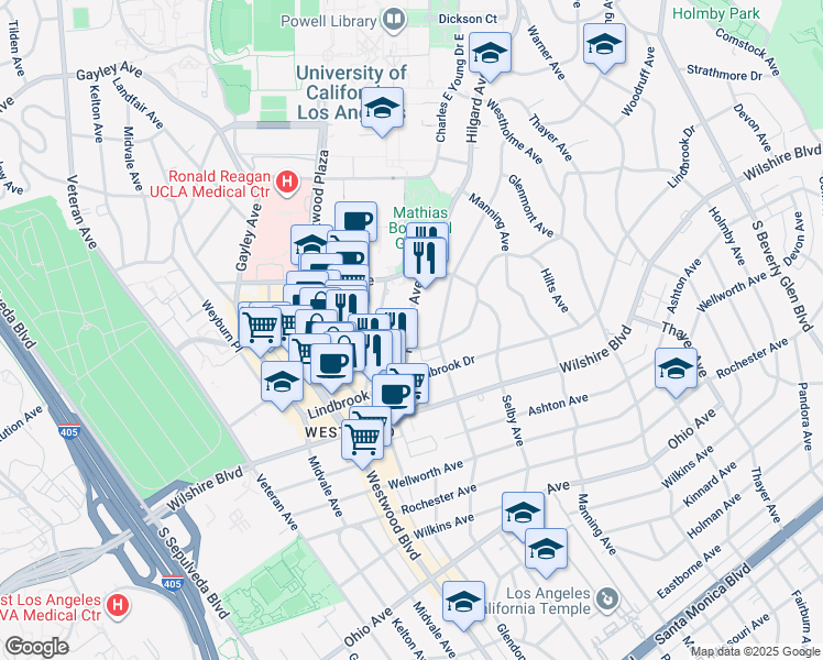 map of restaurants, bars, coffee shops, grocery stores, and more near 968 Hilgard Avenue in Los Angeles