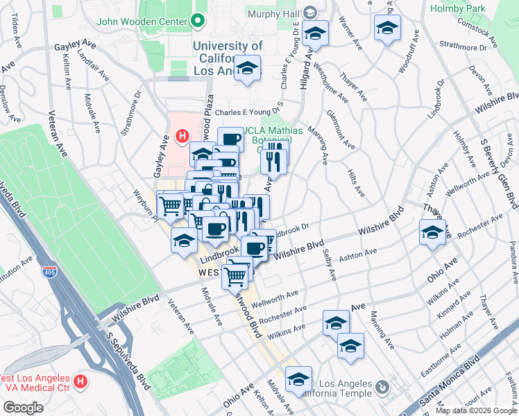 map of restaurants, bars, coffee shops, grocery stores, and more near 968 Hilgard Avenue in Los Angeles