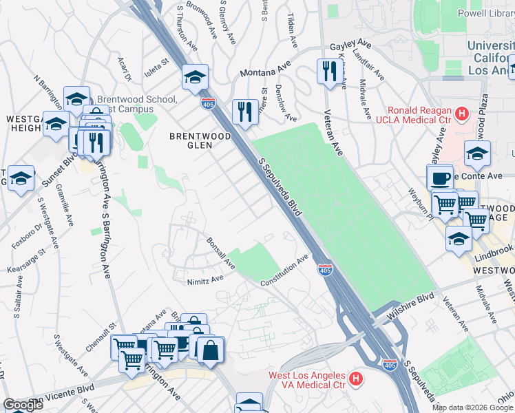 map of restaurants, bars, coffee shops, grocery stores, and more near 11368 Chenault Street in Los Angeles