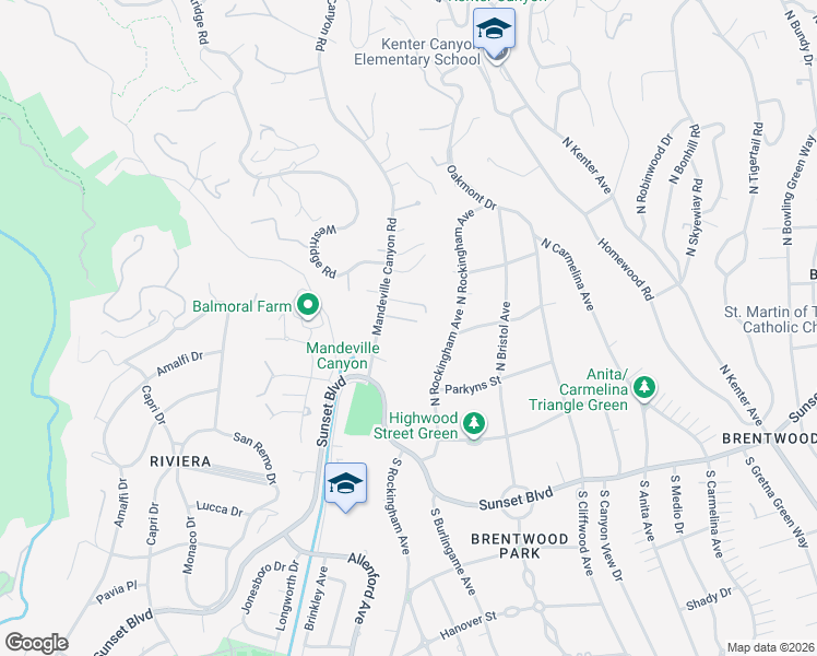 map of restaurants, bars, coffee shops, grocery stores, and more near 1648 Mandeville Canyon Road in Los Angeles