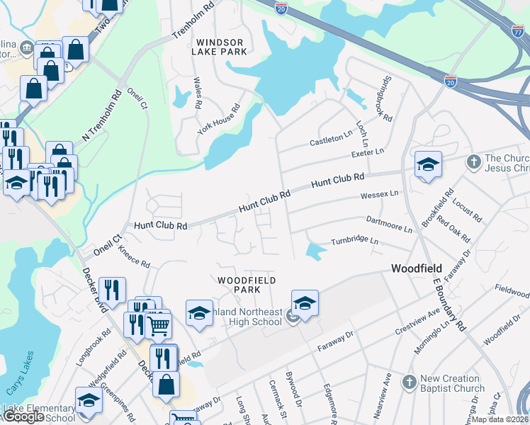 map of restaurants, bars, coffee shops, grocery stores, and more near 7602 Hunt Club Road in Columbia