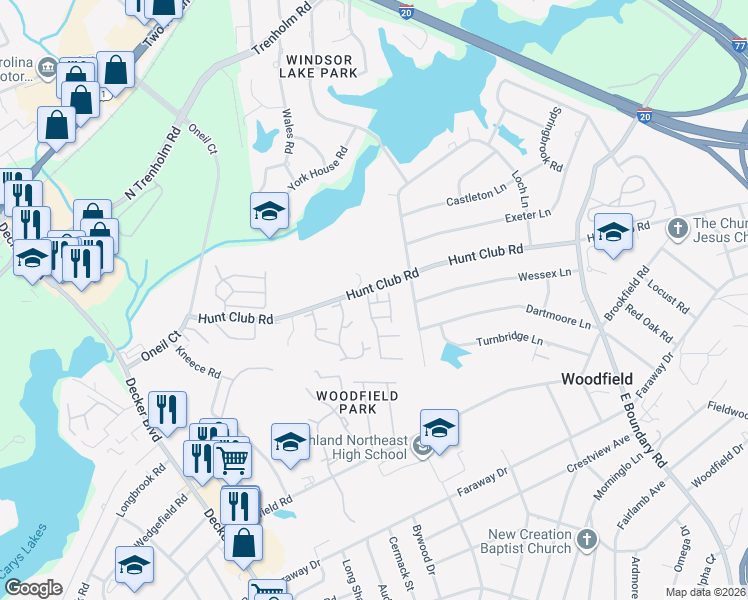 map of restaurants, bars, coffee shops, grocery stores, and more near 7602 Hunt Club Road in Columbia