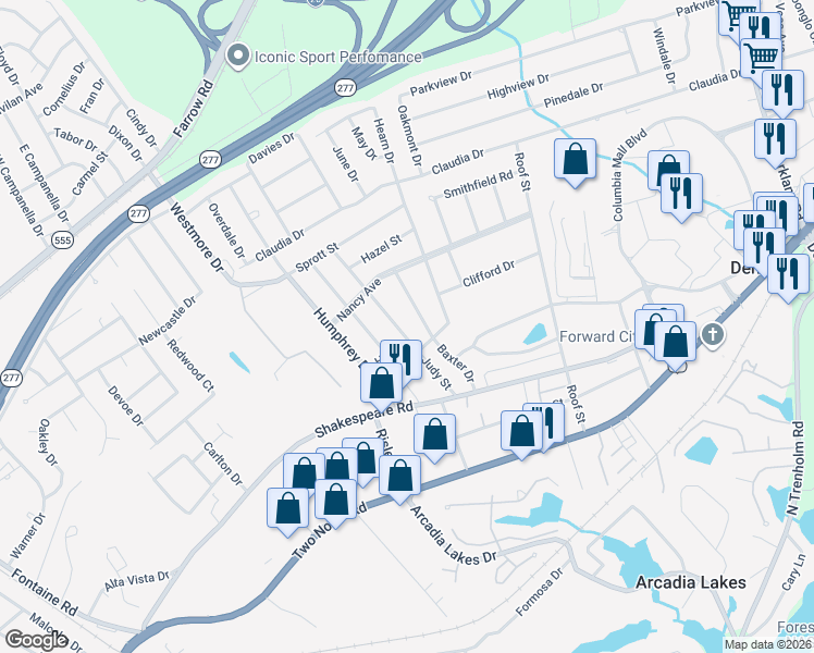 map of restaurants, bars, coffee shops, grocery stores, and more near 3617 Judy Street in Columbia