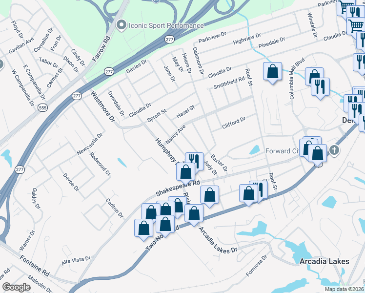 map of restaurants, bars, coffee shops, grocery stores, and more near 3617 Judy Street in Columbia