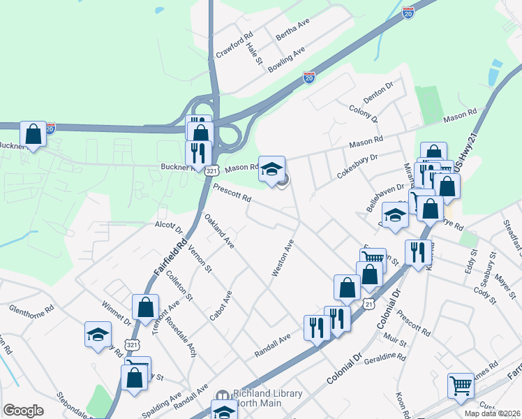 map of restaurants, bars, coffee shops, grocery stores, and more near 823 Prescott Road in Columbia
