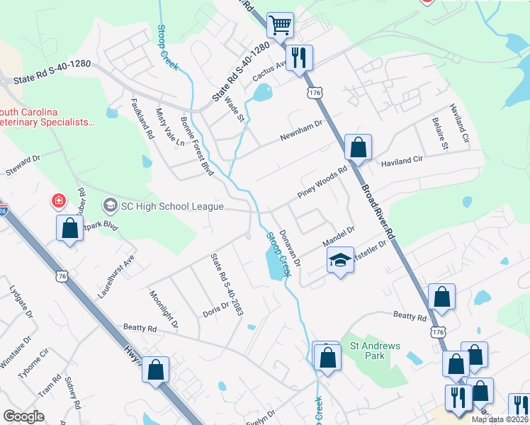 map of restaurants, bars, coffee shops, grocery stores, and more near 1001 Piney Woods Road in Columbia