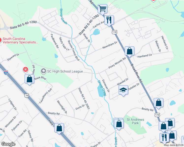 map of restaurants, bars, coffee shops, grocery stores, and more near 1004 Piney Woods Road in Columbia