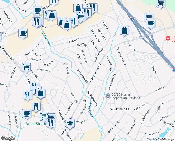 map of restaurants, bars, coffee shops, grocery stores, and more near 202 Biddle Road in Columbia