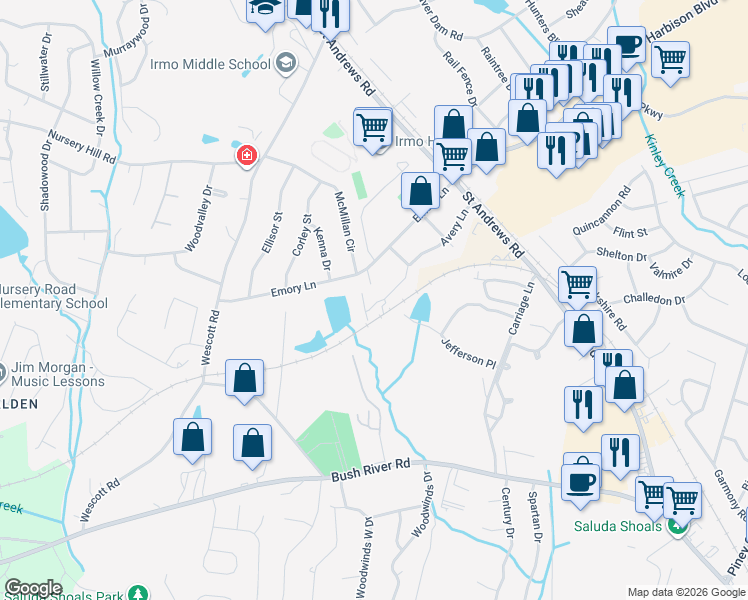 map of restaurants, bars, coffee shops, grocery stores, and more near 332 Avery Place Drive in Columbia