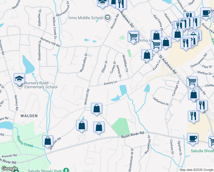 map of restaurants, bars, coffee shops, grocery stores, and more near 506 Emory Lane in Columbia