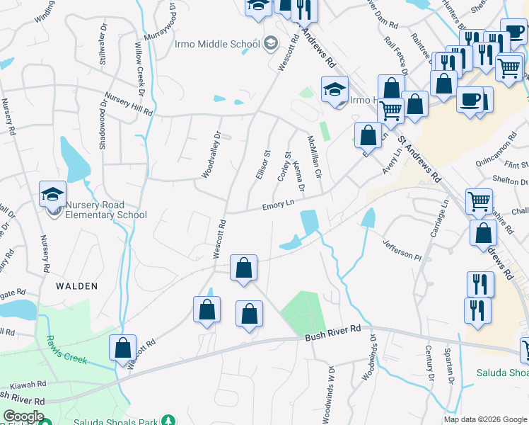 map of restaurants, bars, coffee shops, grocery stores, and more near 506 Emory Lane in Columbia