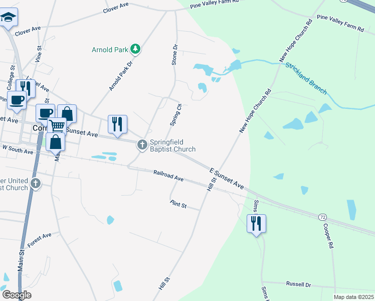 map of restaurants, bars, coffee shops, grocery stores, and more near 791 East Sunset Avenue in Comer