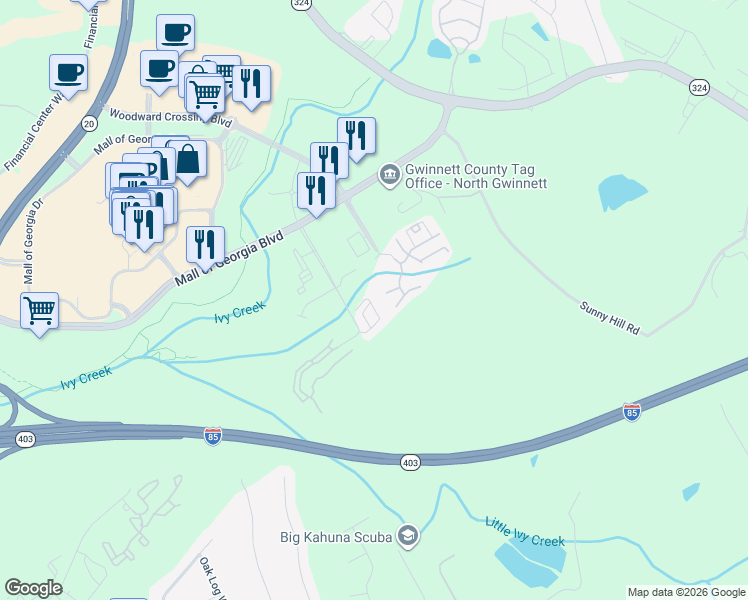 map of restaurants, bars, coffee shops, grocery stores, and more near 1951 Appaloosa Mill Circle Northeast in Buford