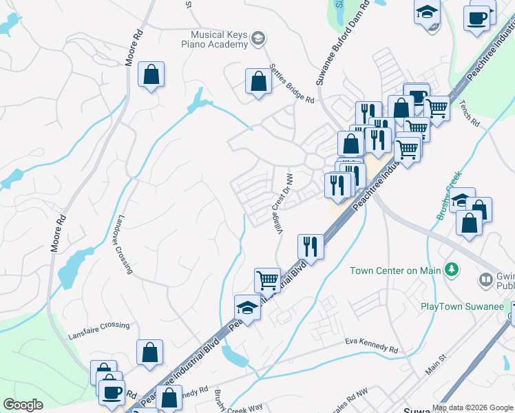 map of restaurants, bars, coffee shops, grocery stores, and more near 901 Cotton Mill Place in Suwanee