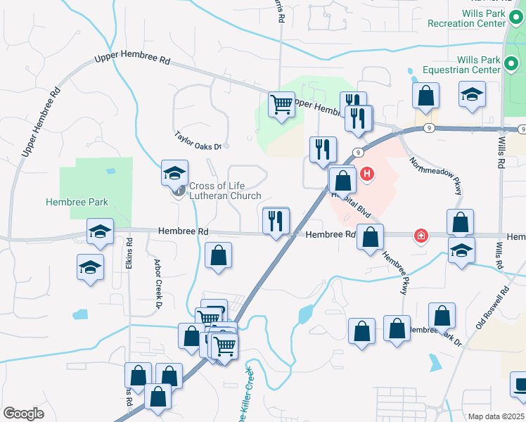 map of restaurants, bars, coffee shops, grocery stores, and more near 140 Enclave Court in Roswell