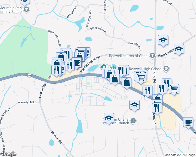 map of restaurants, bars, coffee shops, grocery stores, and more near 4503 Kendall Way in Roswell