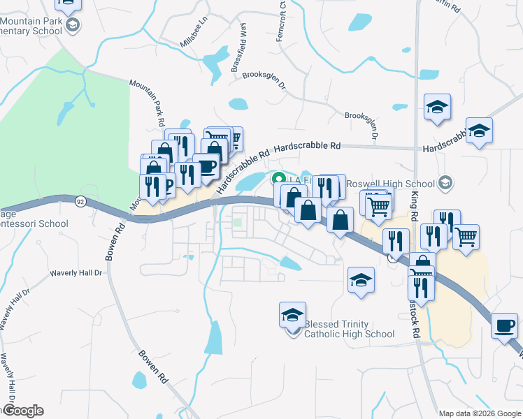 map of restaurants, bars, coffee shops, grocery stores, and more near 4503 Kendall Way in Roswell