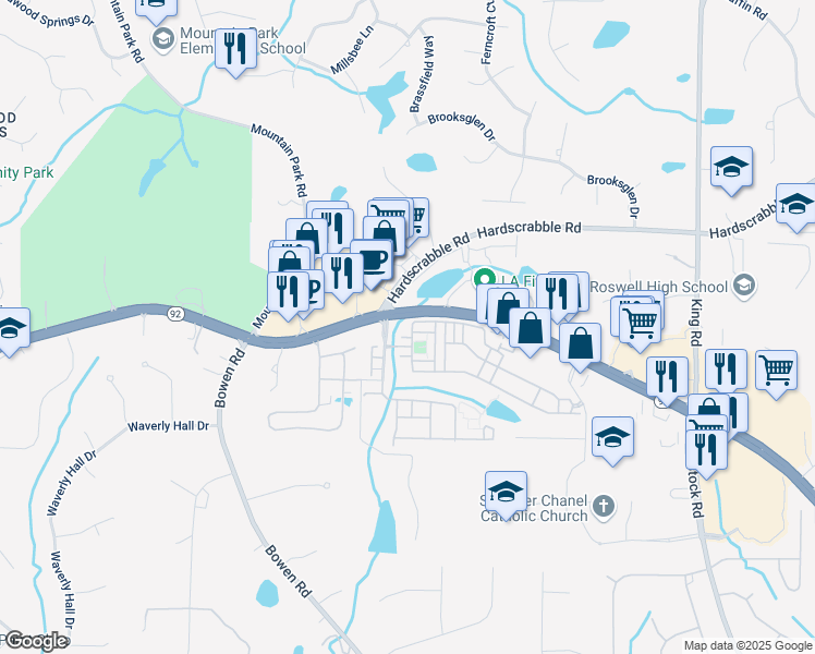 map of restaurants, bars, coffee shops, grocery stores, and more near 5605 Waters Edge Trail in Roswell