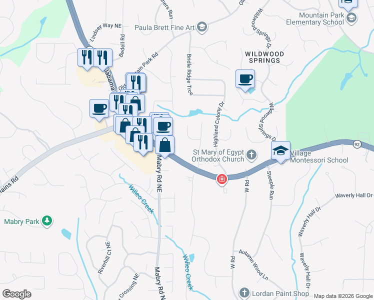 map of restaurants, bars, coffee shops, grocery stores, and more near 1905 Woodstock Road in Roswell