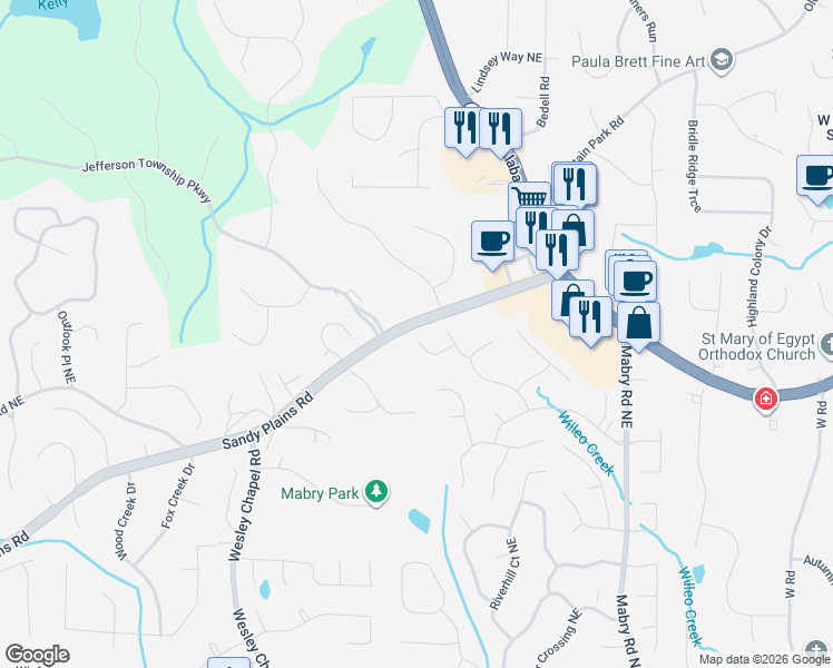 map of restaurants, bars, coffee shops, grocery stores, and more near 4194 Longview Cove in Roswell