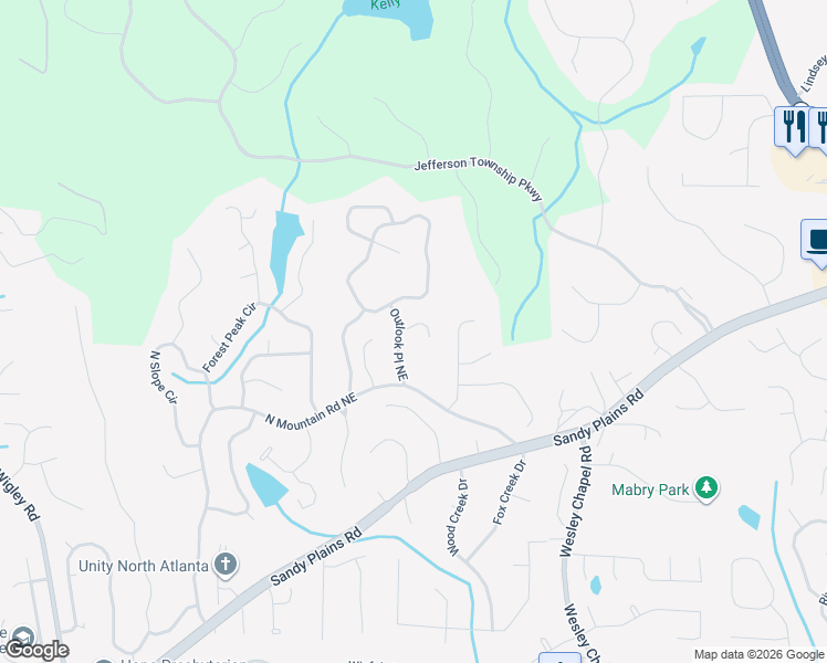 map of restaurants, bars, coffee shops, grocery stores, and more near 4647 Outlook Place Northeast in Marietta