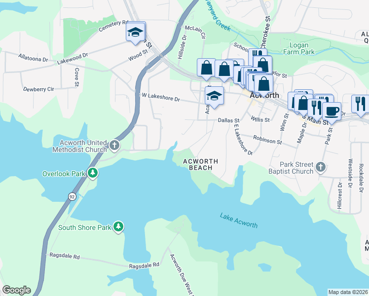map of restaurants, bars, coffee shops, grocery stores, and more near 4435 Academy Street in Acworth