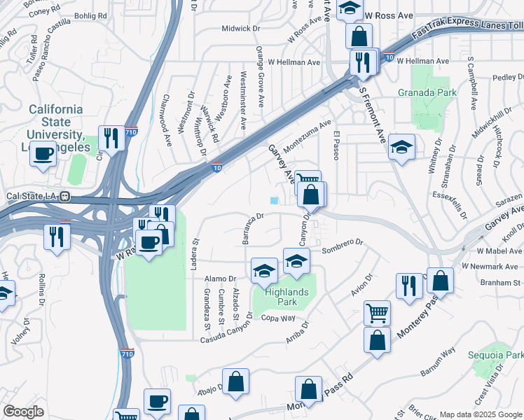 map of restaurants, bars, coffee shops, grocery stores, and more near 247 Barranca Drive in Monterey Park