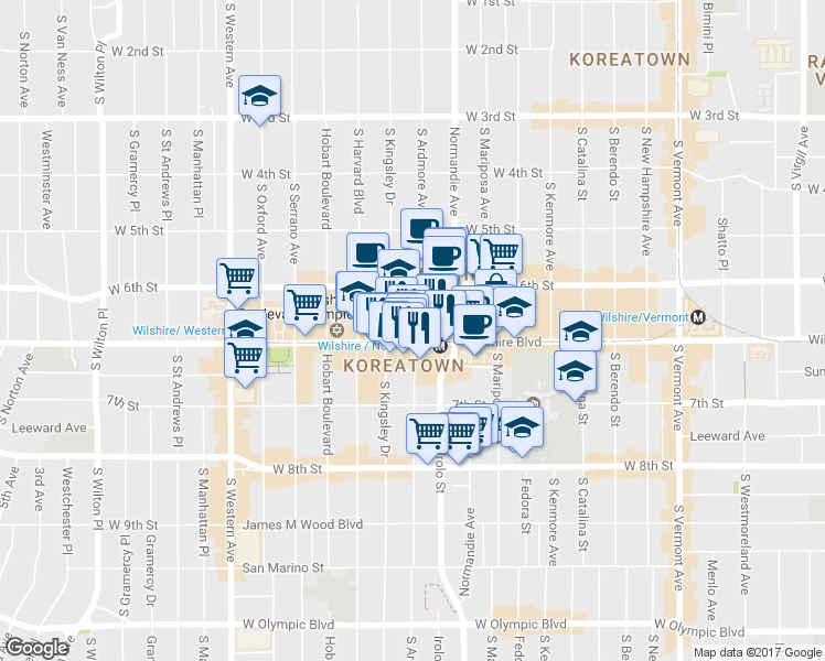 map of restaurants, bars, coffee shops, grocery stores, and more near 3547 Wilshire Boulevard in Los Angeles