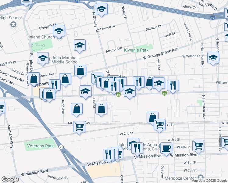 map of restaurants, bars, coffee shops, grocery stores, and more near 1515 West Holt Avenue in Pomona