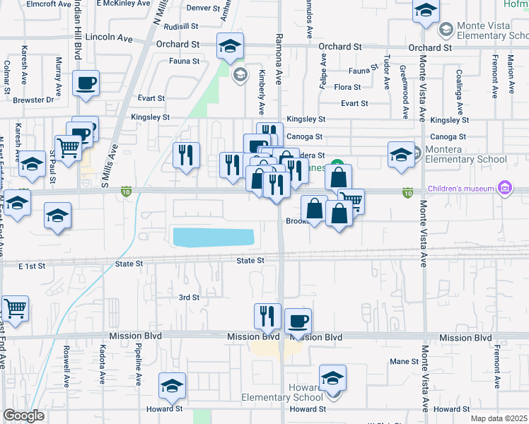 map of restaurants, bars, coffee shops, grocery stores, and more near 4460A Brooks Street in Montclair