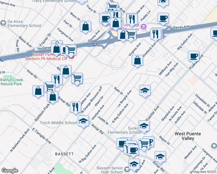 map of restaurants, bars, coffee shops, grocery stores, and more near 1046 North Orange Blossom Avenue in La Puente