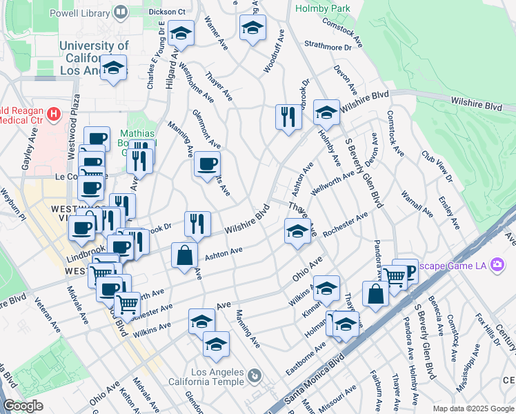 map of restaurants, bars, coffee shops, grocery stores, and more near 10599 Wilshire Boulevard in Los Angeles
