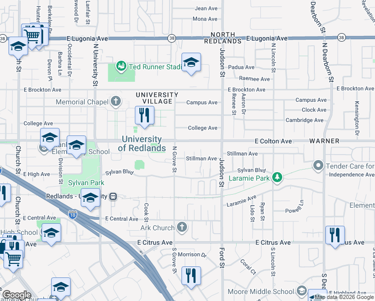 map of restaurants, bars, coffee shops, grocery stores, and more near 1315 Stillman Avenue in Redlands