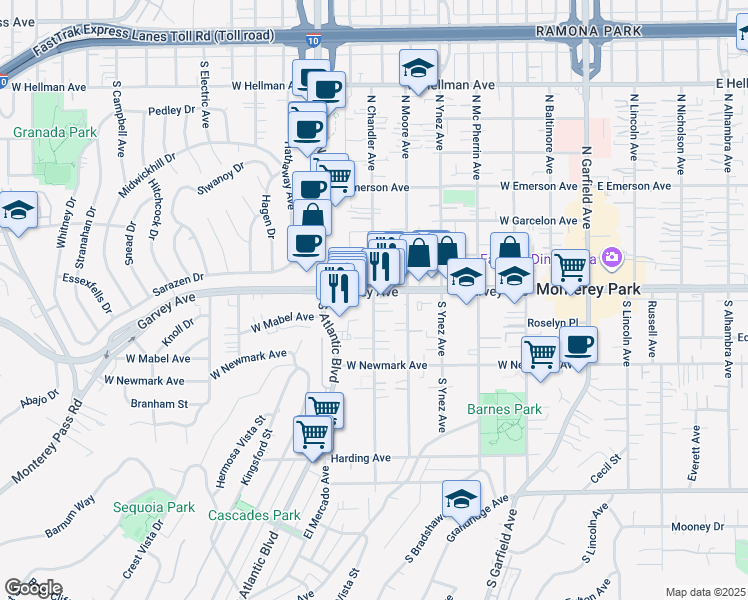 map of restaurants, bars, coffee shops, grocery stores, and more near 209 South Chandler Avenue in Monterey Park