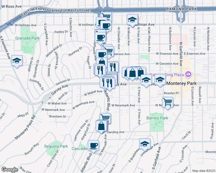 map of restaurants, bars, coffee shops, grocery stores, and more near in Monterey Park