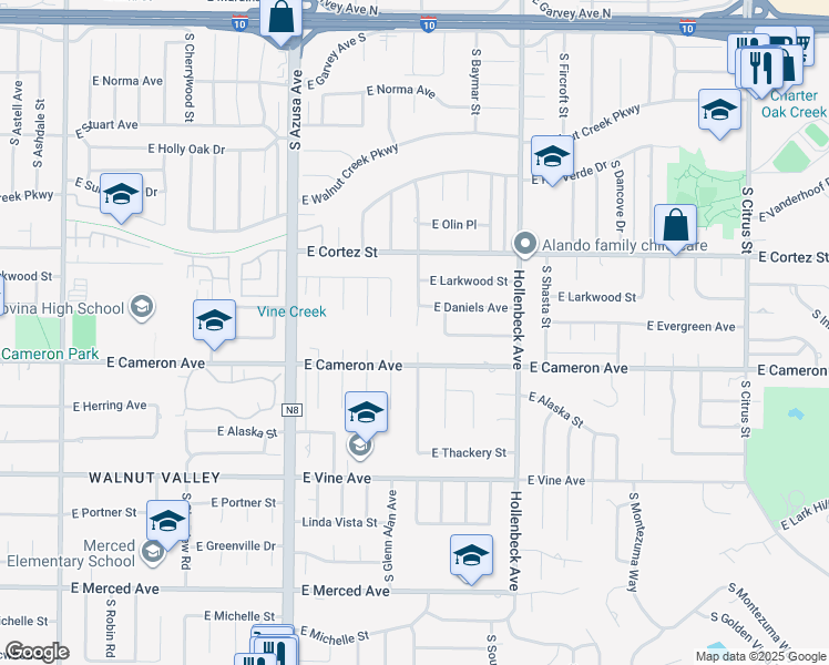map of restaurants, bars, coffee shops, grocery stores, and more near 723 South Hillward Avenue in West Covina