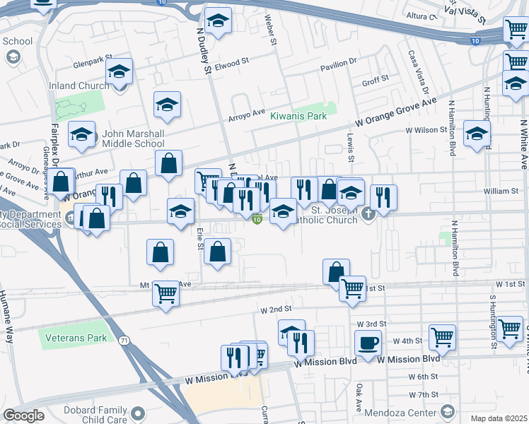 map of restaurants, bars, coffee shops, grocery stores, and more near 1483 West Holt Avenue in Pomona