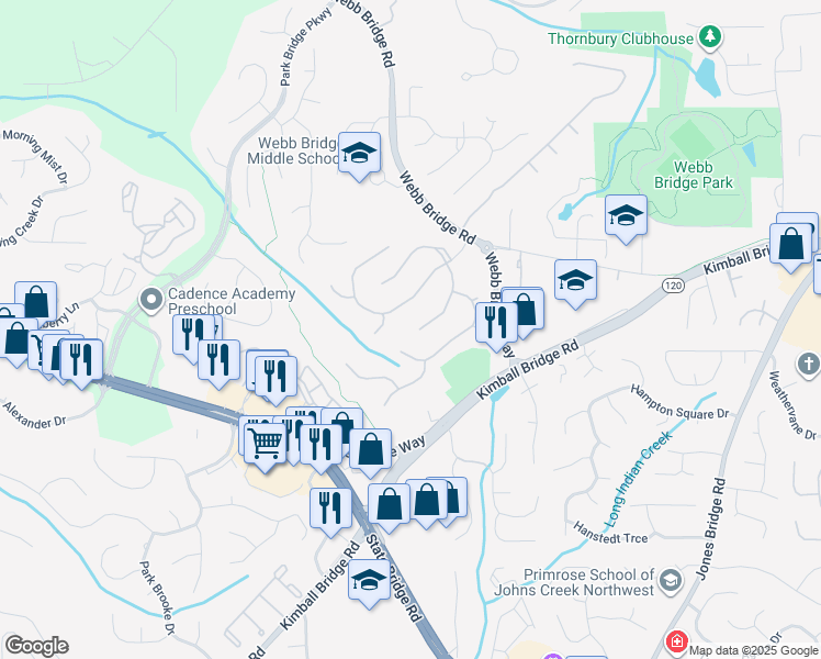 map of restaurants, bars, coffee shops, grocery stores, and more near 2018 Breckenridge Lane in Alpharetta