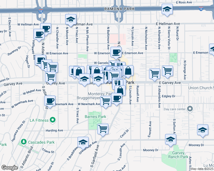 map of restaurants, bars, coffee shops, grocery stores, and more near 220 West Garvey Avenue in Monterey Park