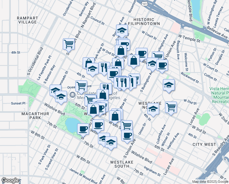 map of restaurants, bars, coffee shops, grocery stores, and more near 309 South Westlake Avenue in Los Angeles