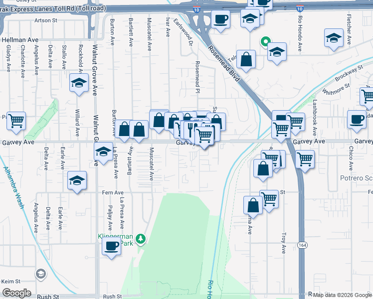 map of restaurants, bars, coffee shops, grocery stores, and more near 2746 Stingle Avenue in Rosemead