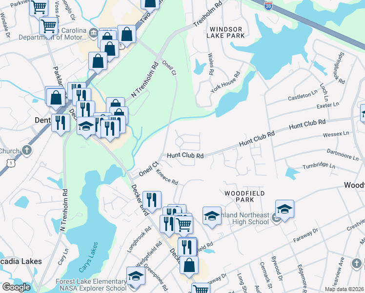 map of restaurants, bars, coffee shops, grocery stores, and more near 38 Foxborough Road in Columbia