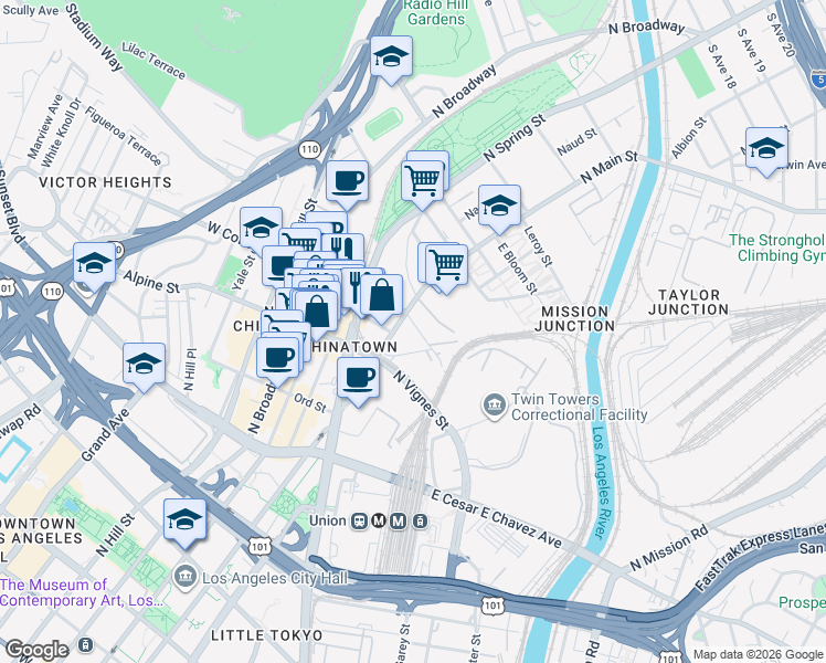 map of restaurants, bars, coffee shops, grocery stores, and more near 950 North Main Street in Los Angeles