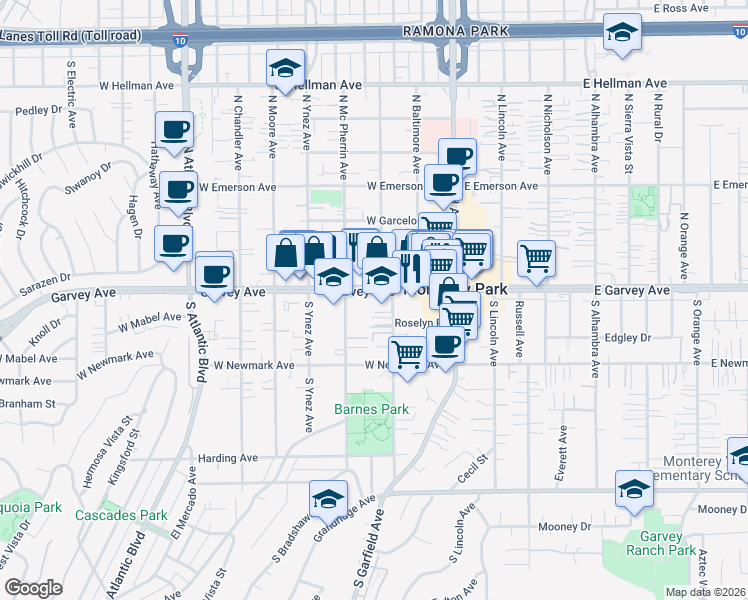 map of restaurants, bars, coffee shops, grocery stores, and more near 344 West Garvey Avenue in Monterey Park
