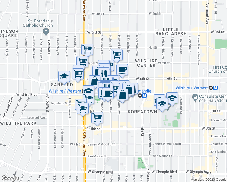 map of restaurants, bars, coffee shops, grocery stores, and more near 3663 Wilshire Boulevard in Los Angeles