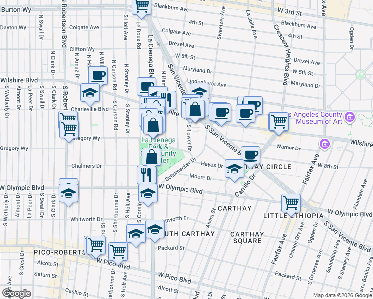 map of restaurants, bars, coffee shops, grocery stores, and more near 8381 Gregory Way in Beverly Hills