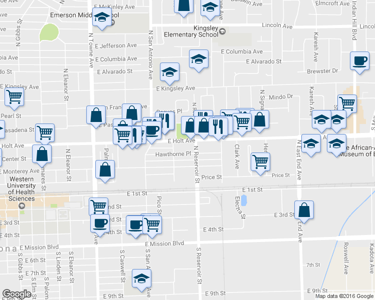 map of restaurants, bars, coffee shops, grocery stores, and more near 861 Hawthorne Pl in Pomona