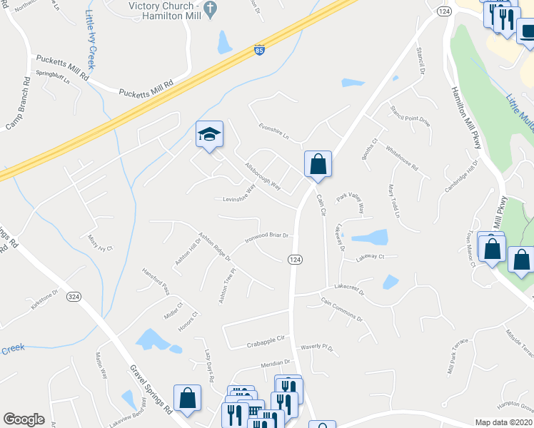 map of restaurants, bars, coffee shops, grocery stores, and more near 2297 Ironwood Hill Court in Dacula