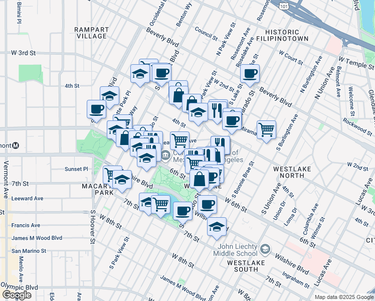 map of restaurants, bars, coffee shops, grocery stores, and more near 437 South Grand View Street in Los Angeles
